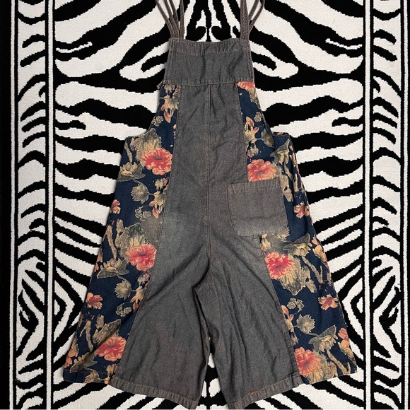 Boho Lagenlook Loose Floral Baggy Denim Wide Leg Drop Crotch Overalls Size 2X - Picture 5 of 10